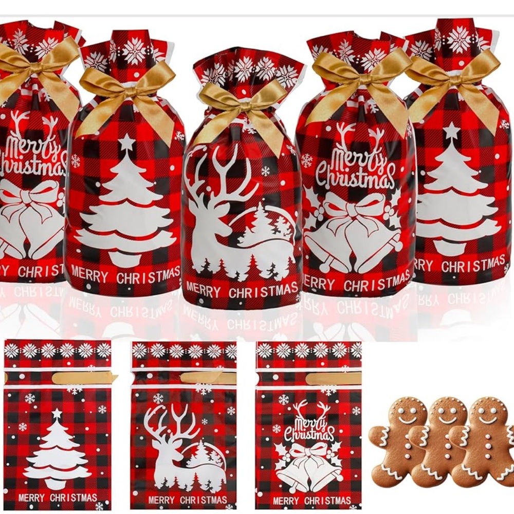 50 Christmas Red & Black Plaid Party Favor Bags with Gold Bows